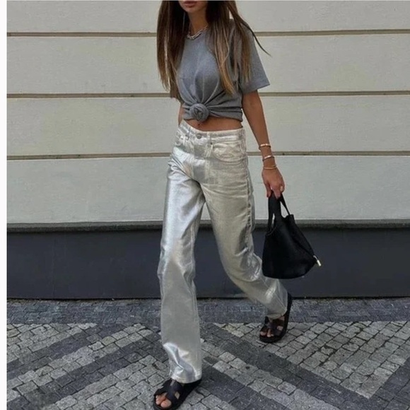 NWT Zara The Boy Boy Fit In Silver Jeans Metallic Blogger Favorite Sz 6 - Picture 8 of 16